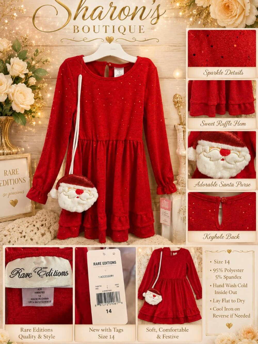 🎄 Rare Editions Girls size 14 Holiday Dress + Santa Purse - NWT 🎄